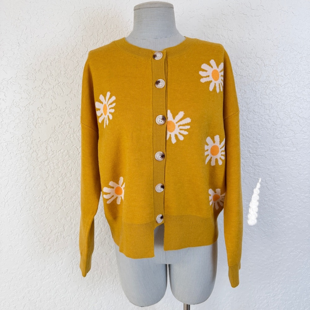 Mustard Daisy Cardigan Sweater Floral Knit Retro Cottagecore Soft Girl Indie 90s